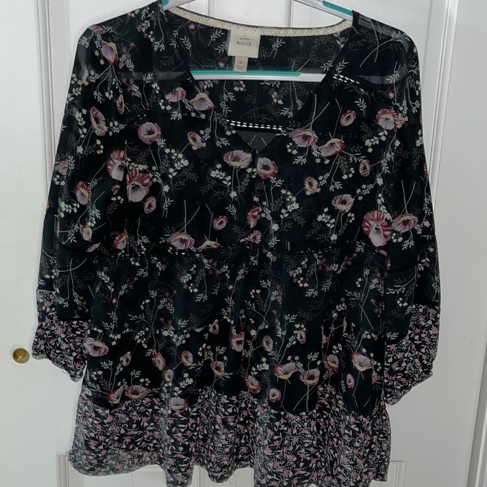 Medium large floral navy sheer shirt